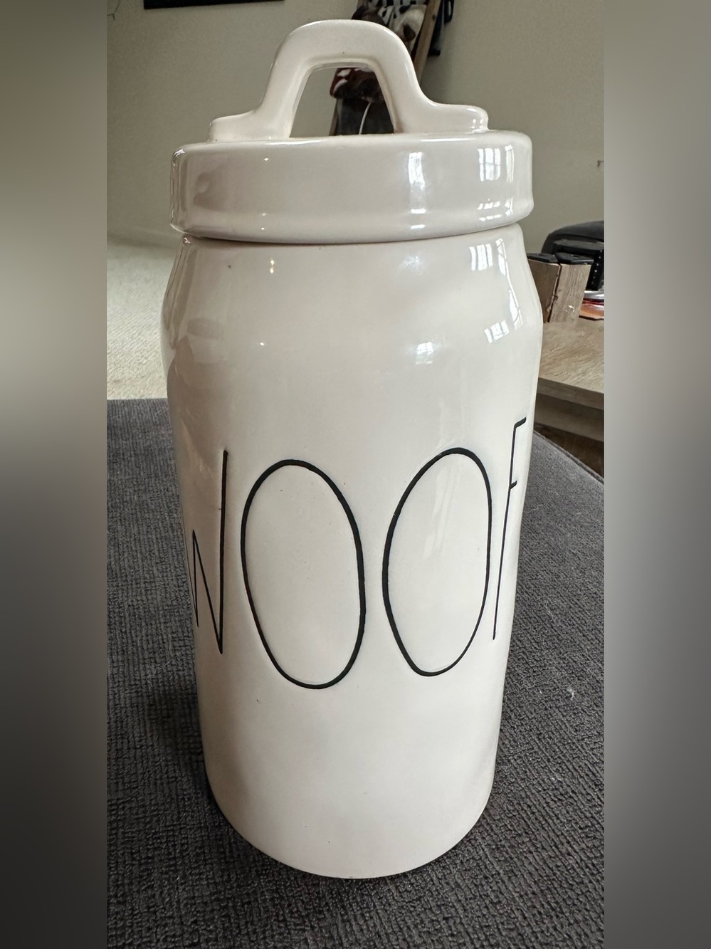 Rae Dunn “Woof” Ceramic Dog Treat Canister with Black Script